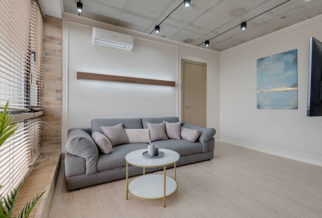 minimalist living room with oversized wall art
