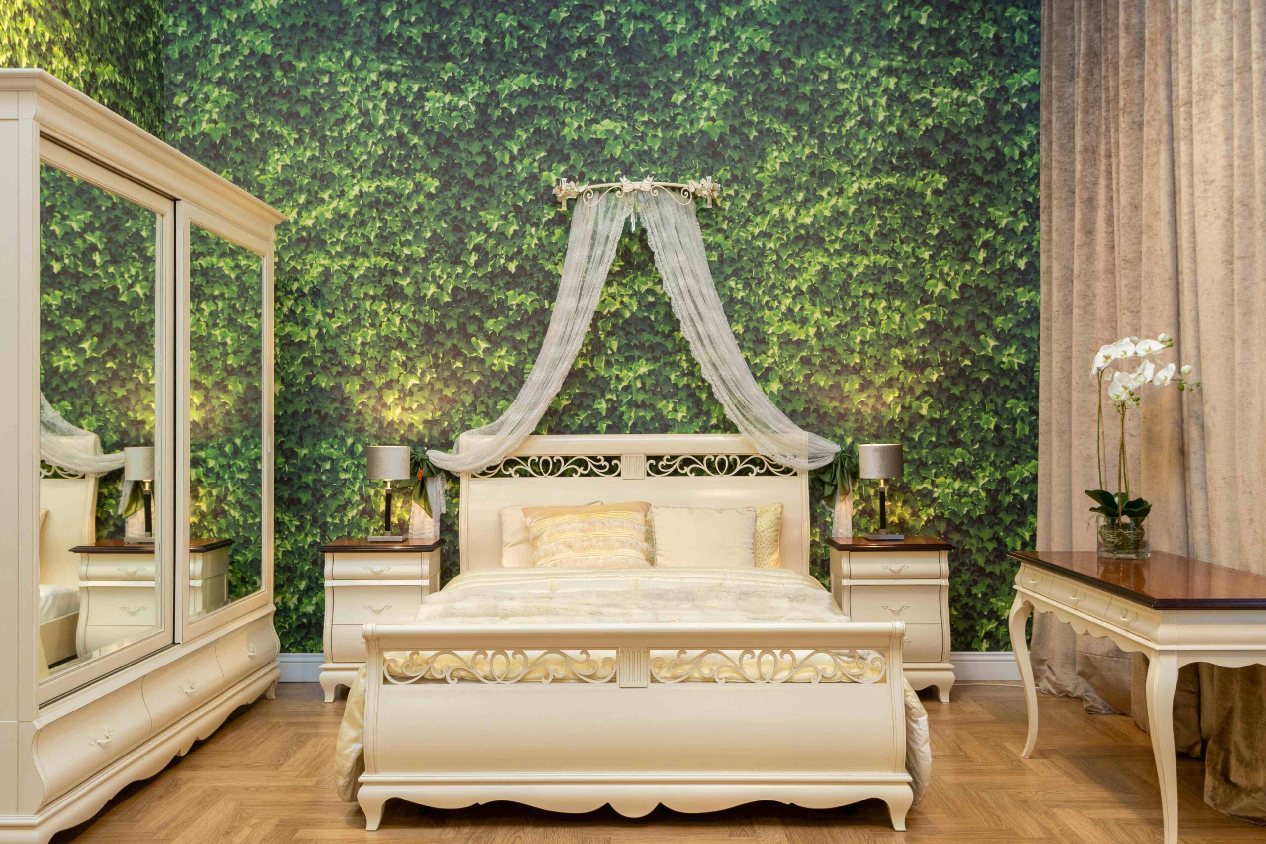 side-by-side comparison of full, queen, and king beds inside different bedroom sizes